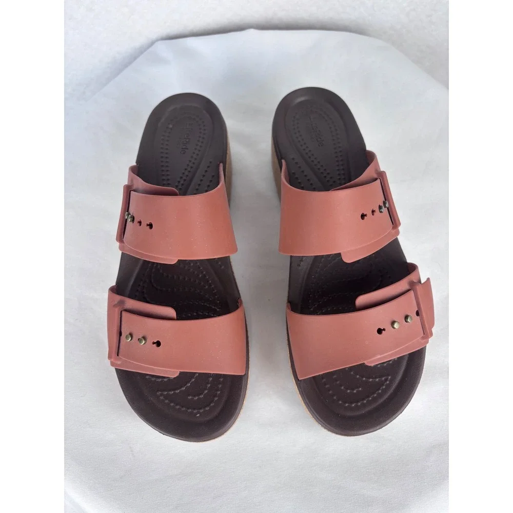 Crocs Literide Buckle Slide Sandals Wedge Platform Cork Brown Women's 9 Comfort